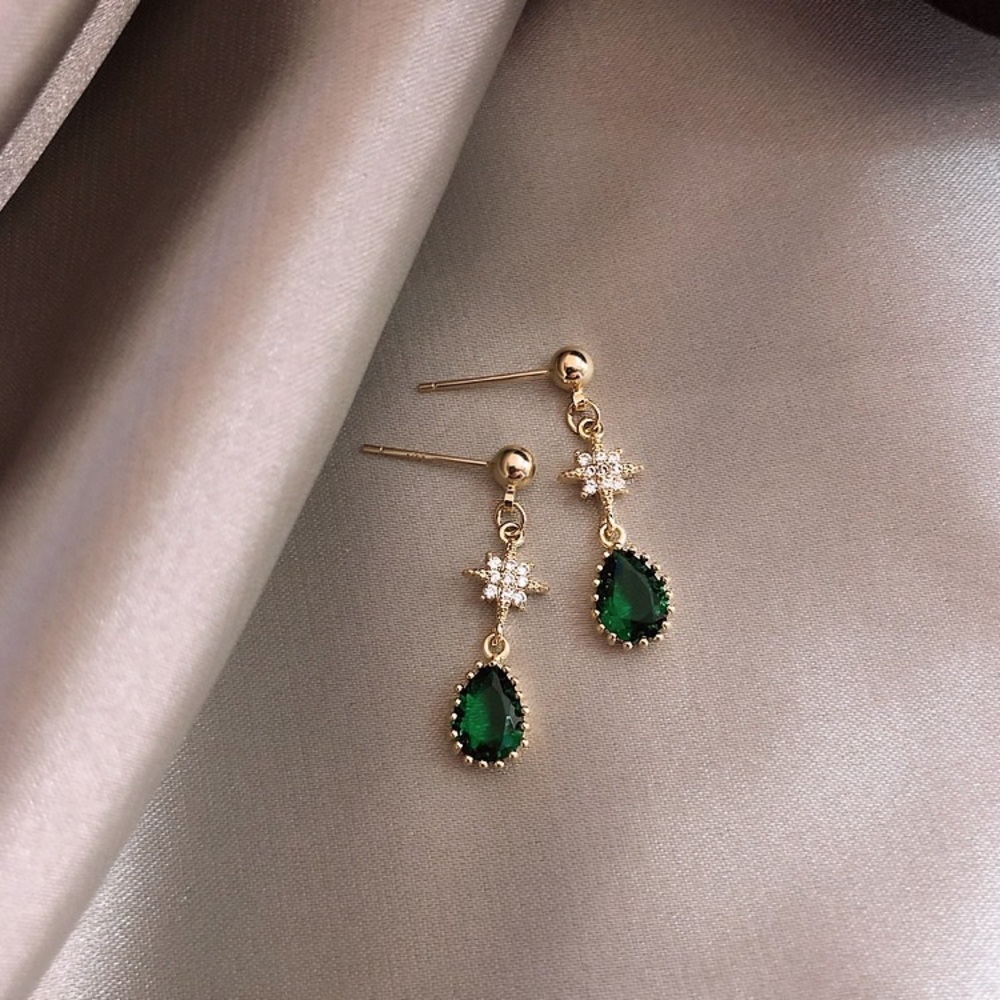 18K Gold Plated Teardrop Shape Green Emerald Dangle Drop Earrings for Women - Picture 2 of 5